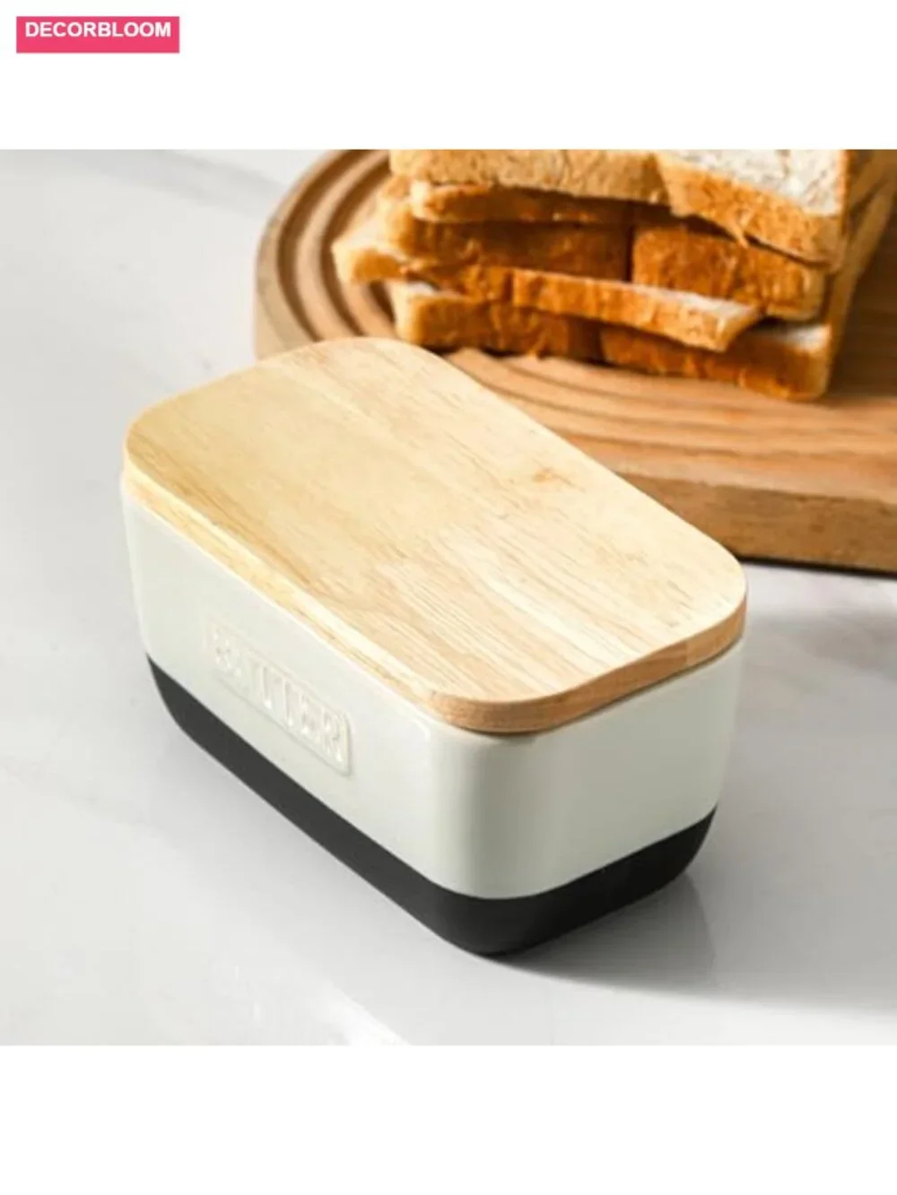 Ceramic Butter Dish with Wooden Lid Airtight Keeper Farmhouse